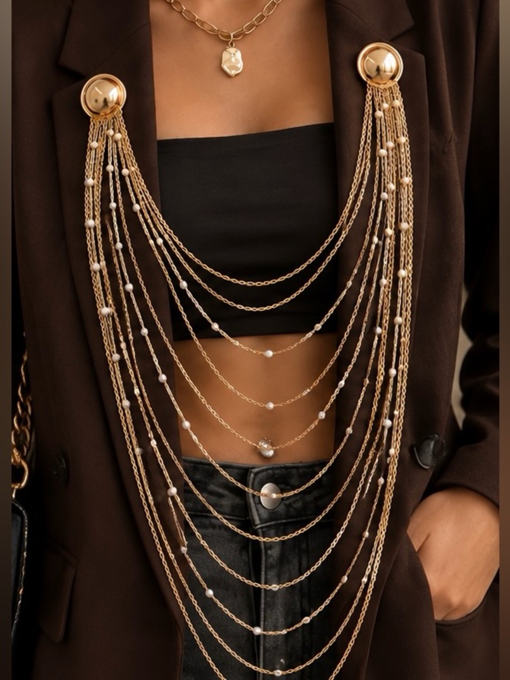 Gold Pearl Chain Shoulder Jewelry Elegant Blazer Accessory
